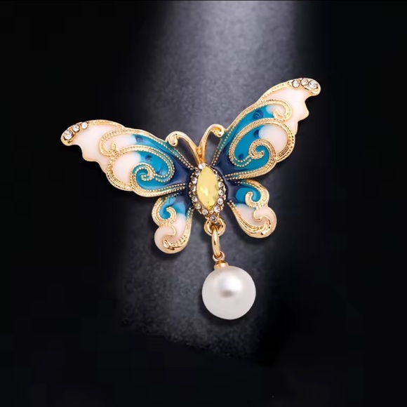 Unique vintage anthro blue and Gold Butterfly Brooch - Picture 1 of 10